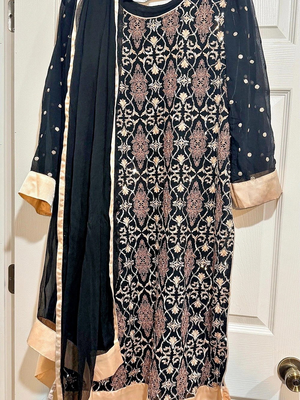 Pakistani Embroidered Black & Peach with silver sequins work all over the shirt